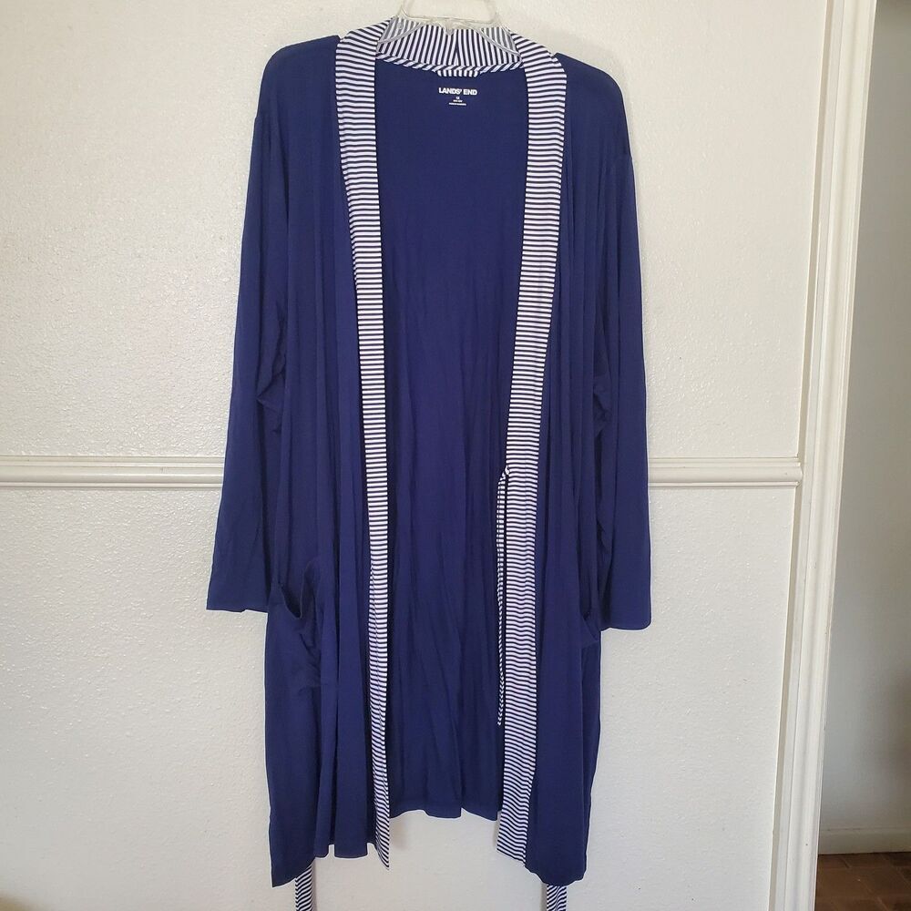 Lands' End Women's Navy Blue Striped Trim Knit Robe 1X Plus Size 16W-18W